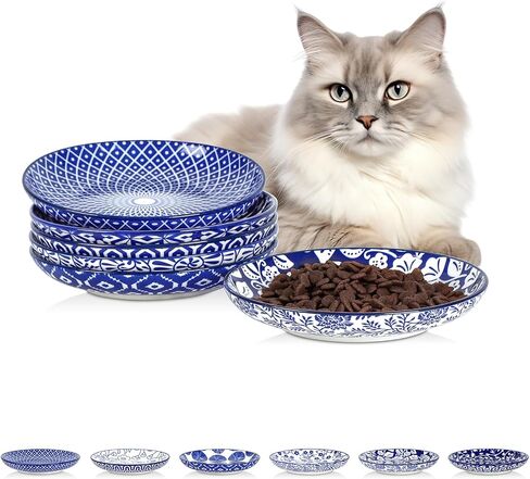 Selamica Ceramic Cat Bowls, 6 Inch Wide Shallow Cat Food Bowl for Relief Whisker Fatigue, Set of 6, Vintage Blue in Kuwait