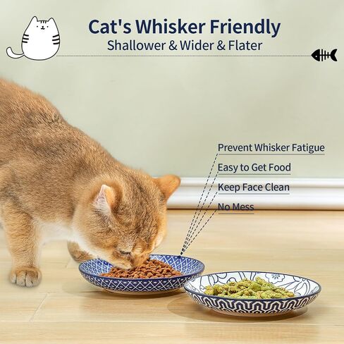 Selamica Ceramic Cat Bowls, 6 Inch Wide Shallow Cat Food Bowl for Relief Whisker Fatigue, Set of 6, Vintage Blue in Kuwait