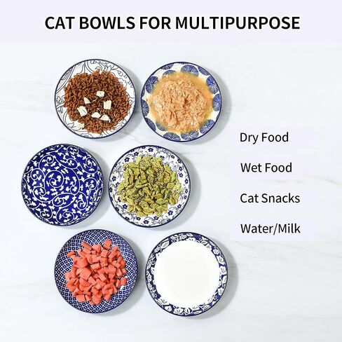 Selamica Ceramic Cat Bowls, 6 Inch Wide Shallow Cat Food Bowl for Relief Whisker Fatigue, Set of 6, Vintage Blue in Kuwait