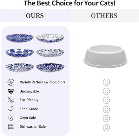 Selamica Ceramic Cat Bowls, 6 Inch Wide Shallow Cat Food Bowl for Relief Whisker Fatigue, Set of 6, Vintage Blue in Kuwait
