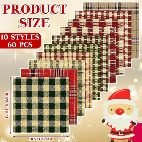 Fanfanwin 60 Pcs 10 x 10 Inch Vintage Christmas Quilting Fabric Plaid Homespun Cotton Fabric Jelly Squares Lattice Rustic Precut Santa Claus Quilting Strips for Xmas Craft Sewing DIY in Saudi Arabia