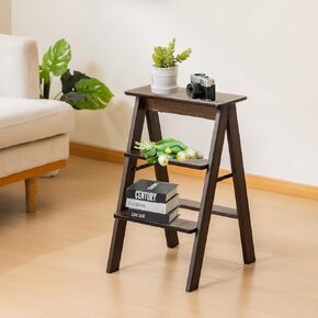 Latifolia Foldable 3 Step Ladder, Bamboo Step Stool with Floor Saver, Decorative Ladder Shelf for Living Room, Kitchen, Garden(Dark Walnut) in Saudi Arabia