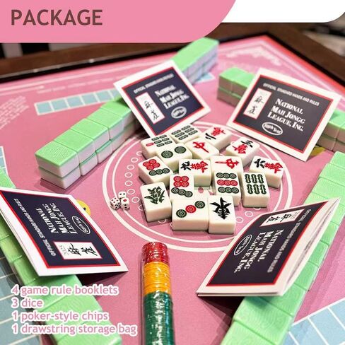 Mahjong Mat for Table - حصيرة غير قابلة للطي غير قابلة للطي مع الزهر ، 3 رقائق بوكر و 4 أدلة القواعد - Mah Jongg Mat Portable تلعب مع Mahjong/Poker/Boker/Card Games/Dominoes الصينية (Pink) in Saudi Arabia