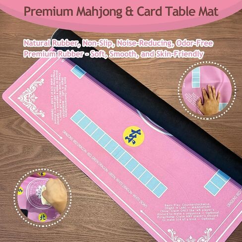 Mahjong Mat for Table - حصيرة غير قابلة للطي غير قابلة للطي مع الزهر ، 3 رقائق بوكر و 4 أدلة القواعد - Mah Jongg Mat Portable تلعب مع Mahjong/Poker/Boker/Card Games/Dominoes الصينية (Pink) in Saudi Arabia