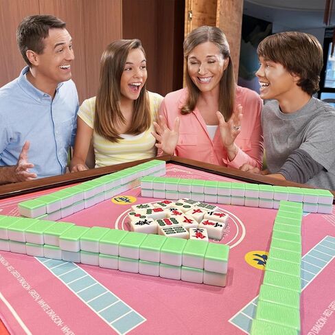 Mahjong Mat for Table - حصيرة غير قابلة للطي غير قابلة للطي مع الزهر ، 3 رقائق بوكر و 4 أدلة القواعد - Mah Jongg Mat Portable تلعب مع Mahjong/Poker/Boker/Card Games/Dominoes الصينية (Pink) in Saudi Arabia