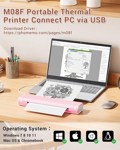 Phomemo M08F Portable Letter Printer +100 Sheets Paper Thermal Paper ، Bluetooth Compact Home & Business Pink Printer in Kuwait