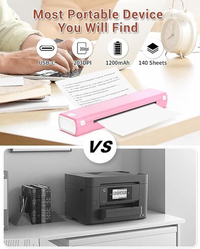 Phomemo M08F Portable Letter Printer +100 Sheets Paper Thermal Paper ، Bluetooth Compact Home & Business Pink Printer in Kuwait