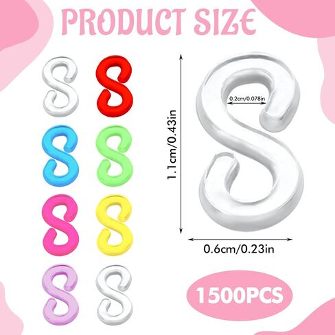 1500 pcs مقاطع ملونة S LOOL SWETELT موصلات S السنانير لأساور شريط المطاط قطع الفرقة البلاستيكية نطاقات المطاط موصلات أساور الأساور لصنع DIY in Saudi Arabia