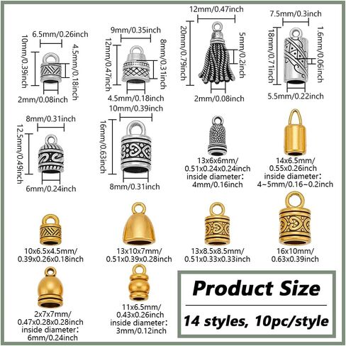PH PandaHall 14 Styles Metal Cord Ends Caps 140pcs Tibetan Leather Cord End Glue in Barrel End Caps Cord Terminator for Kumihimo Bracelet Necklace Crafts Jewelry Making, Antique Silver/Antique Golden in Saudi Arabia