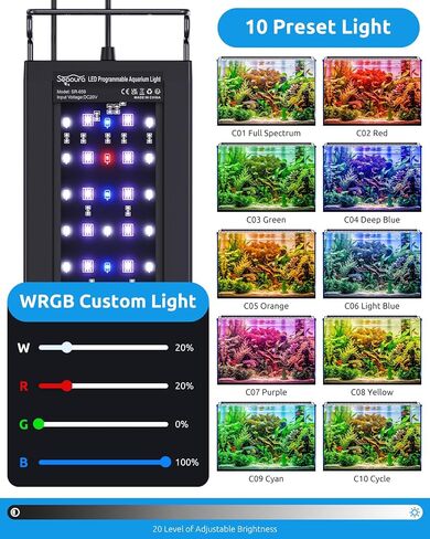 Aquarium LED Light with Thermometer, 48-54in Full Spectrum Lights for Fish Tank, 24/7 Programmable with Power Off Memory, WRGB Custom, 20 Level Dimmable Brightness for Freshwater Aquariums in Kuwait