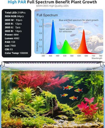 Aquarium LED Light with Thermometer, 48-54in Full Spectrum Lights for Fish Tank, 24/7 Programmable with Power Off Memory, WRGB Custom, 20 Level Dimmable Brightness for Freshwater Aquariums in Kuwait