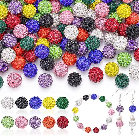 100 pcs 10mm Rhinestone Beads for Jewelry Making, 10 Mixed Colors Shiny Round Disco Ball Beads Bulk, Sparkle Crystal Clay Christmas for Bracelet Baseball Necklace Earring Crafting and DIY in Kuwait