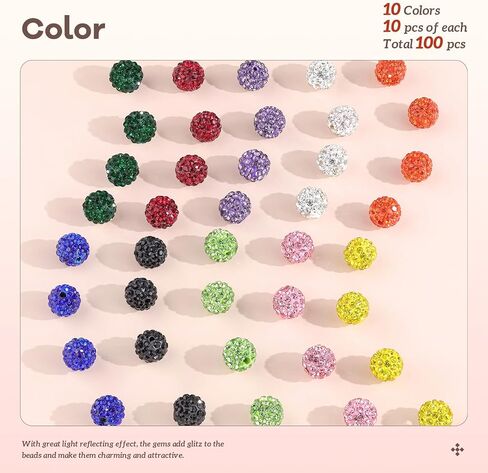 100 pcs 10mm Rhinestone Beads for Jewelry Making, 10 Mixed Colors Shiny Round Disco Ball Beads Bulk, Sparkle Crystal Clay Christmas for Bracelet Baseball Necklace Earring Crafting and DIY in Kuwait