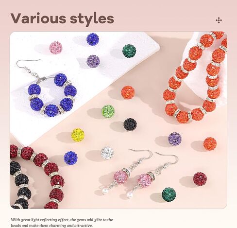 100 pcs 10mm Rhinestone Beads for Jewelry Making, 10 Mixed Colors Shiny Round Disco Ball Beads Bulk, Sparkle Crystal Clay Christmas for Bracelet Baseball Necklace Earring Crafting and DIY in Kuwait