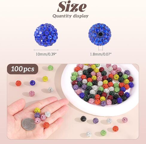 100 pcs 10mm Rhinestone Beads for Jewelry Making, 10 Mixed Colors Shiny Round Disco Ball Beads Bulk, Sparkle Crystal Clay Christmas for Bracelet Baseball Necklace Earring Crafting and DIY in Kuwait