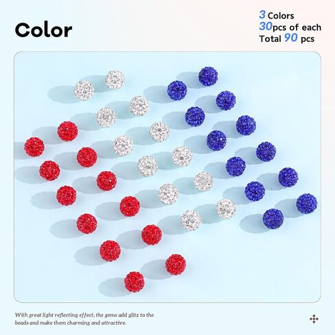 100 pcs 10mm Rhinestone Beads for Jewelry Making, 10 Mixed Colors Shiny Round Disco Ball Beads Bulk, Sparkle Crystal Clay Christmas for Bracelet Baseball Necklace Earring Crafting and DIY in Kuwait