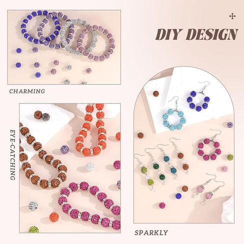 100 pcs 10mm Rhinestone Beads for Jewelry Making, 10 Mixed Colors Shiny Round Disco Ball Beads Bulk, Sparkle Crystal Clay Christmas for Bracelet Baseball Necklace Earring Crafting and DIY in Kuwait