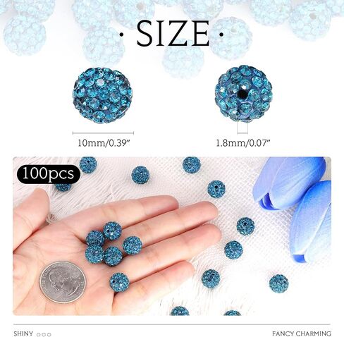 100 pcs 10mm Rhinestone Beads for Jewelry Making, 10 Mixed Colors Shiny Round Disco Ball Beads Bulk, Sparkle Crystal Clay Christmas for Bracelet Baseball Necklace Earring Crafting and DIY in Kuwait