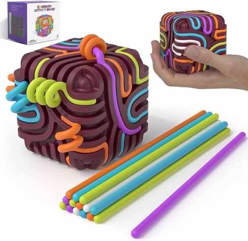 Sensory Fidget Toys for Kids Adults, Silicone Sensory Activity Cube with 15 Colorful Strings, Sensory Toys for Autism ADHD Calming Focus Stress Relief, Travel-Friendly Toys with Portable Storage Bag in Kuwait