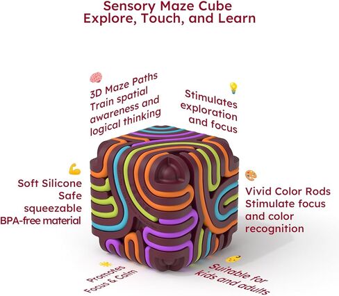 Sensory Fidget Toys for Kids Adults, Silicone Sensory Activity Cube with 15 Colorful Strings, Sensory Toys for Autism ADHD Calming Focus Stress Relief, Travel-Friendly Toys with Portable Storage Bag in Kuwait