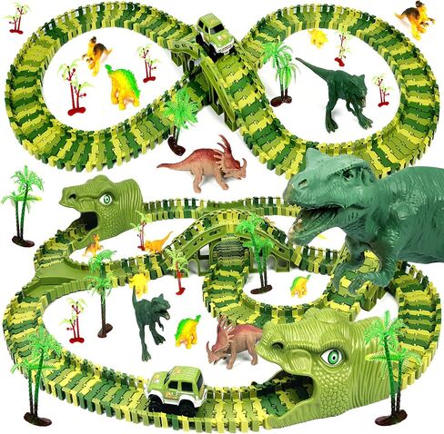 Dinosaur Toys for Kids 3-5, 266 PCS Create A Dinosaur World Road Race Tracks, Flexible Train Track Set with 2 Cool Race Cars and 6 Dinosaurs, Birthday Gifts 3-6 Year Old Boys Girls in Saudi Arabia