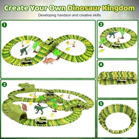 Dinosaur Toys for Kids 3-5, 266 PCS Create A Dinosaur World Road Race Tracks, Flexible Train Track Set with 2 Cool Race Cars and 6 Dinosaurs, Birthday Gifts 3-6 Year Old Boys Girls in Saudi Arabia