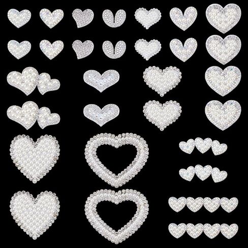 30 Pcs Rhinestone Sew On Patches Heart Glue On Patches White Pearl Glitter Handmade Embroidered Applique Silver Crystal Love Heart Iron on Patches for Clothes Bags Decor DIY Craft 15 Styles in Saudi Arabia