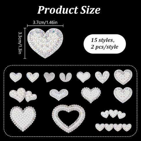 30 Pcs Rhinestone Sew On Patches Heart Glue On Patches White Pearl Glitter Handmade Embroidered Applique Silver Crystal Love Heart Iron on Patches for Clothes Bags Decor DIY Craft 15 Styles in Saudi Arabia