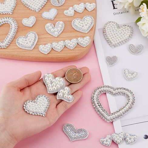 30 Pcs Rhinestone Sew On Patches Heart Glue On Patches White Pearl Glitter Handmade Embroidered Applique Silver Crystal Love Heart Iron on Patches for Clothes Bags Decor DIY Craft 15 Styles in Saudi Arabia