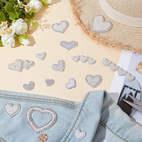 30 Pcs Rhinestone Sew On Patches Heart Glue On Patches White Pearl Glitter Handmade Embroidered Applique Silver Crystal Love Heart Iron on Patches for Clothes Bags Decor DIY Craft 15 Styles in Saudi Arabia