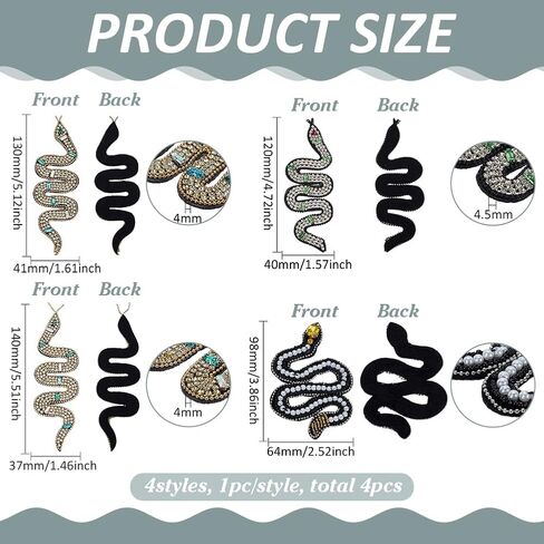 Fingerinspire 4 PCS Rhinestone Snake Snake Patch 4 أنماط أنماط الأفعى بقع تطريز بقع ثعابين مخيط على القماش زين راينستون ثعابين للحيوانات للحيوانات لتزيين الملابس DIY in Kuwait