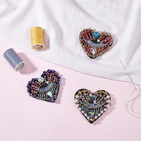 AHANDMAKER 6pc Eye Beaded Patches - 3 Color Rhinestone Applique Evil Eye & Heart Shaped Sequined Patch Beaded Applique for Fabric Decor in Saudi Arabia