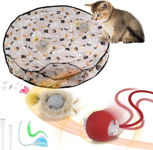 Interactive Cat Toys for Indoor Automatic Cat Balls Hide and Seek in Pouch, with 2 Balls 3 Tails Play Mat, 5 Ways Playing Enrichment Toys in Saudi Arabia