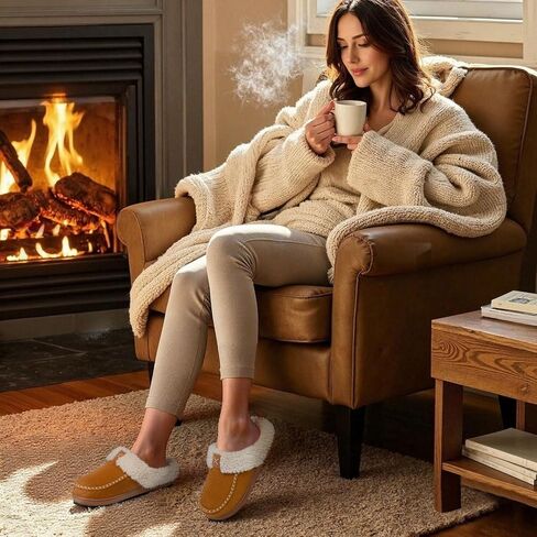 LongBay Women's Wool Felt Sherpa Memory Foam Slippers with Plush Fleece Lining Slip on Moc Clogs Indoor Or Outdoor in Kuwait