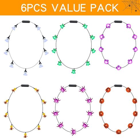 6Pcs Halloween Light Up Necklace, Halloween Toys Glow in the Dark 6 Various Shaped Necklaces for Halloween Party Favor and Supplies, Party Costume Accessory Supplies, Bulk Halloween Goodie Bag Filler in Saudi Arabia
