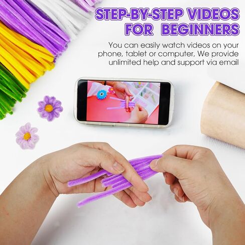 Pipe Cleaners Craft Daisy Flower Making Kit 250 Thick Fluffy Chenille Stems Pipecleaners Complete Set with Tutorial DIY Flower Bouquet Craft Supplies for Adults, Pink Purple in Saudi Arabia