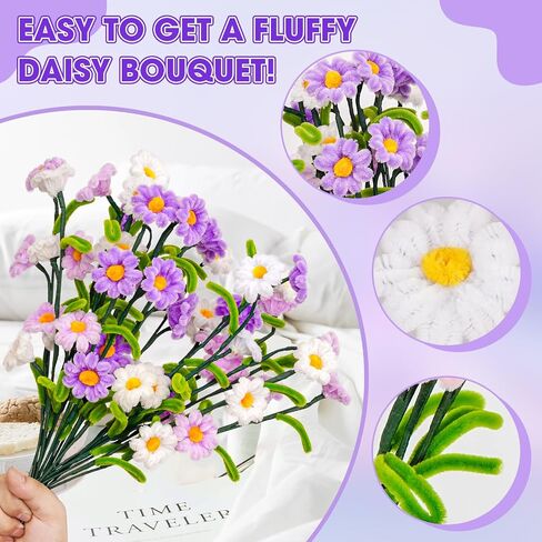 Pipe Cleaners Craft Daisy Flower Making Kit 250 Thick Fluffy Chenille Stems Pipecleaners Complete Set with Tutorial DIY Flower Bouquet Craft Supplies for Adults, Pink Purple in Saudi Arabia