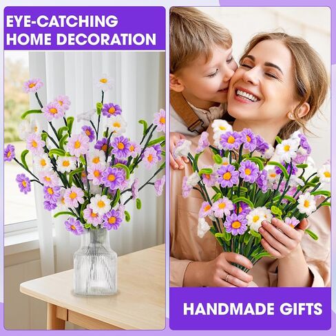 Pipe Cleaners Craft Daisy Flower Making Kit 250 Thick Fluffy Chenille Stems Pipecleaners Complete Set with Tutorial DIY Flower Bouquet Craft Supplies for Adults, Pink Purple in Saudi Arabia