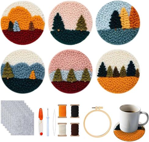 Starter Needle Coasters Kit, Punch Needle Embroidery DIY Set for Beginners Adults, Easy Coasters Kit with Adhesive Felt, Yarns, Embroidery Hoop (Multi landscape2) in Kuwait
