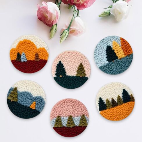 Starter Needle Coasters Kit, Punch Needle Embroidery DIY Set for Beginners Adults, Easy Coasters Kit with Adhesive Felt, Yarns, Embroidery Hoop (Multi landscape2) in Kuwait