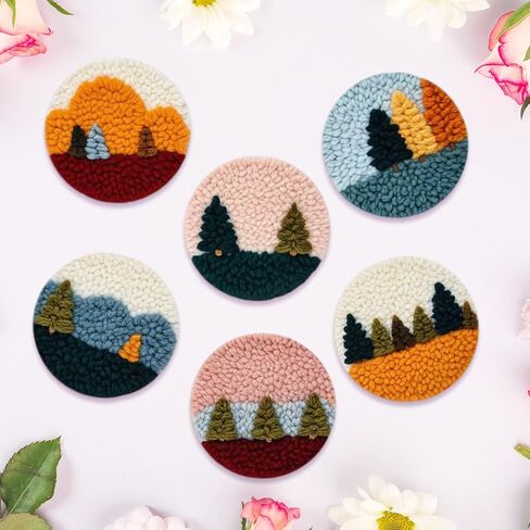 Starter Needle Coasters Kit, Punch Needle Embroidery DIY Set for Beginners Adults, Easy Coasters Kit with Adhesive Felt, Yarns, Embroidery Hoop (Multi landscape2) in Kuwait