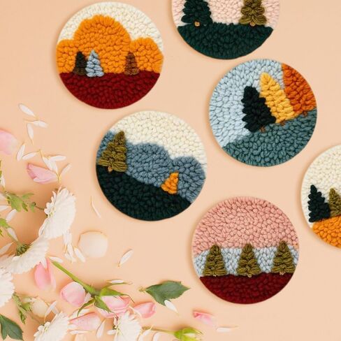 Starter Needle Coasters Kit, Punch Needle Embroidery DIY Set for Beginners Adults, Easy Coasters Kit with Adhesive Felt, Yarns, Embroidery Hoop (Multi landscape2) in Kuwait