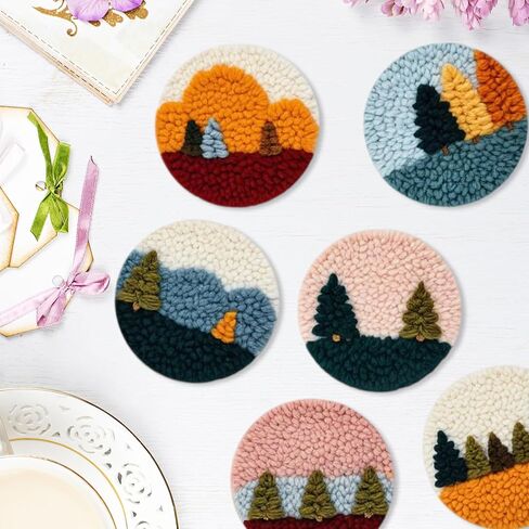Starter Needle Coasters Kit, Punch Needle Embroidery DIY Set for Beginners Adults, Easy Coasters Kit with Adhesive Felt, Yarns, Embroidery Hoop (Multi landscape2) in Kuwait