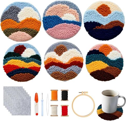 Starter Needle Coasters Kit, Punch Needle Embroidery DIY Set for Beginners Adults, Easy Coasters Kit with Adhesive Felt, Yarns, Embroidery Hoop (Multi landscape2) in Kuwait
