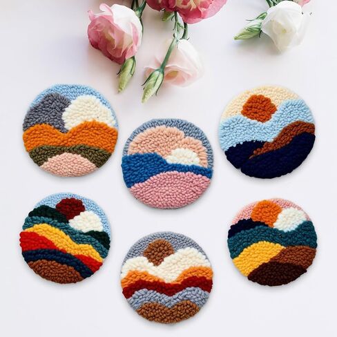 Starter Needle Coasters Kit, Punch Needle Embroidery DIY Set for Beginners Adults, Easy Coasters Kit with Adhesive Felt, Yarns, Embroidery Hoop (Multi landscape2) in Kuwait