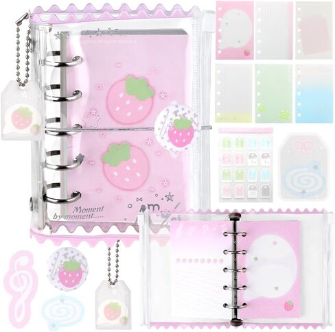 Kawaii M5 5 Rings Binder Notebook PVC Pink Strawberry Loor Leaf Binder Notebooks divillable Diolly Journal Cute Small Zipper Pocket Notebook دفتر دفتر يوميات للمدرسة اللوازم المكتبية المدرسية in Saudi Arabia