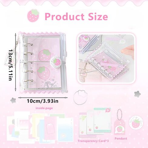 Kawaii M5 5 Rings Binder Notebook PVC Pink Strawberry Loor Leaf Binder Notebooks divillable Diolly Journal Cute Small Zipper Pocket Notebook دفتر دفتر يوميات للمدرسة اللوازم المكتبية المدرسية in Saudi Arabia
