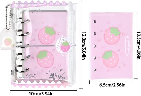 Kawaii M5 5 Rings Binder Notebook PVC Pink Strawberry Loor Leaf Binder Notebooks divillable Diolly Journal Cute Small Zipper Pocket Notebook دفتر دفتر يوميات للمدرسة اللوازم المكتبية المدرسية in Saudi Arabia