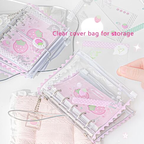 Kawaii M5 5 Rings Binder Notebook PVC Pink Strawberry Loor Leaf Binder Notebooks divillable Diolly Journal Cute Small Zipper Pocket Notebook دفتر دفتر يوميات للمدرسة اللوازم المكتبية المدرسية in Saudi Arabia