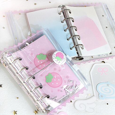 Kawaii M5 5 Rings Binder Notebook PVC Pink Strawberry Loor Leaf Binder Notebooks divillable Diolly Journal Cute Small Zipper Pocket Notebook دفتر دفتر يوميات للمدرسة اللوازم المكتبية المدرسية in Saudi Arabia